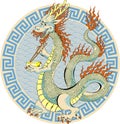 Cheerful Asian dragon holding a plate and chopsticks